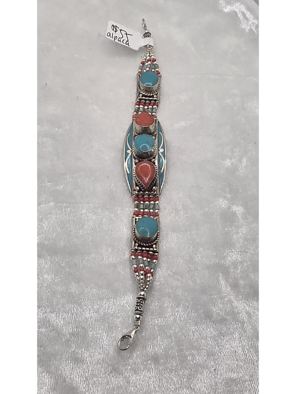 Alpaca Silver Turquoise Coral Bracelet Southwestern Boho Artisan Cuff Bracelet